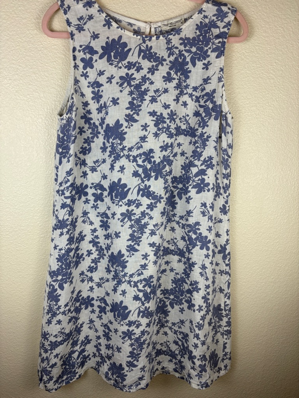 Terzo Millennio Italy 100% Linen Ivory Blue Floral Sleeveless Shift Dress Sz XL
